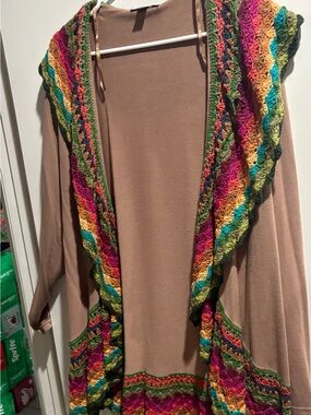 Double Zero Beige Open-Front Cardigan with Multicolor Crochet Trim